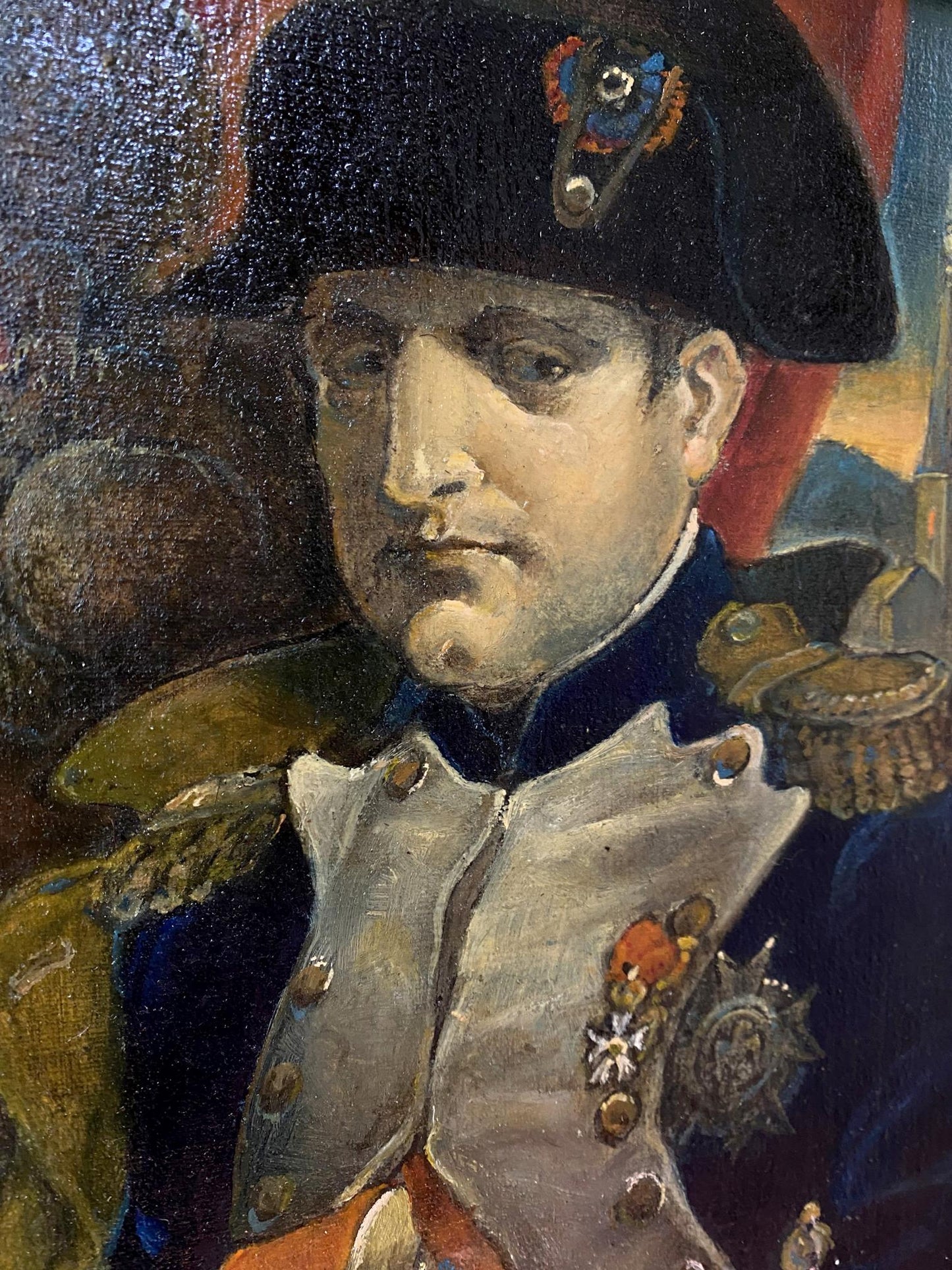 Dark blue military hat with ornate insignia in Napoleon Litvinov Oleg Arkadyevich oil portrait