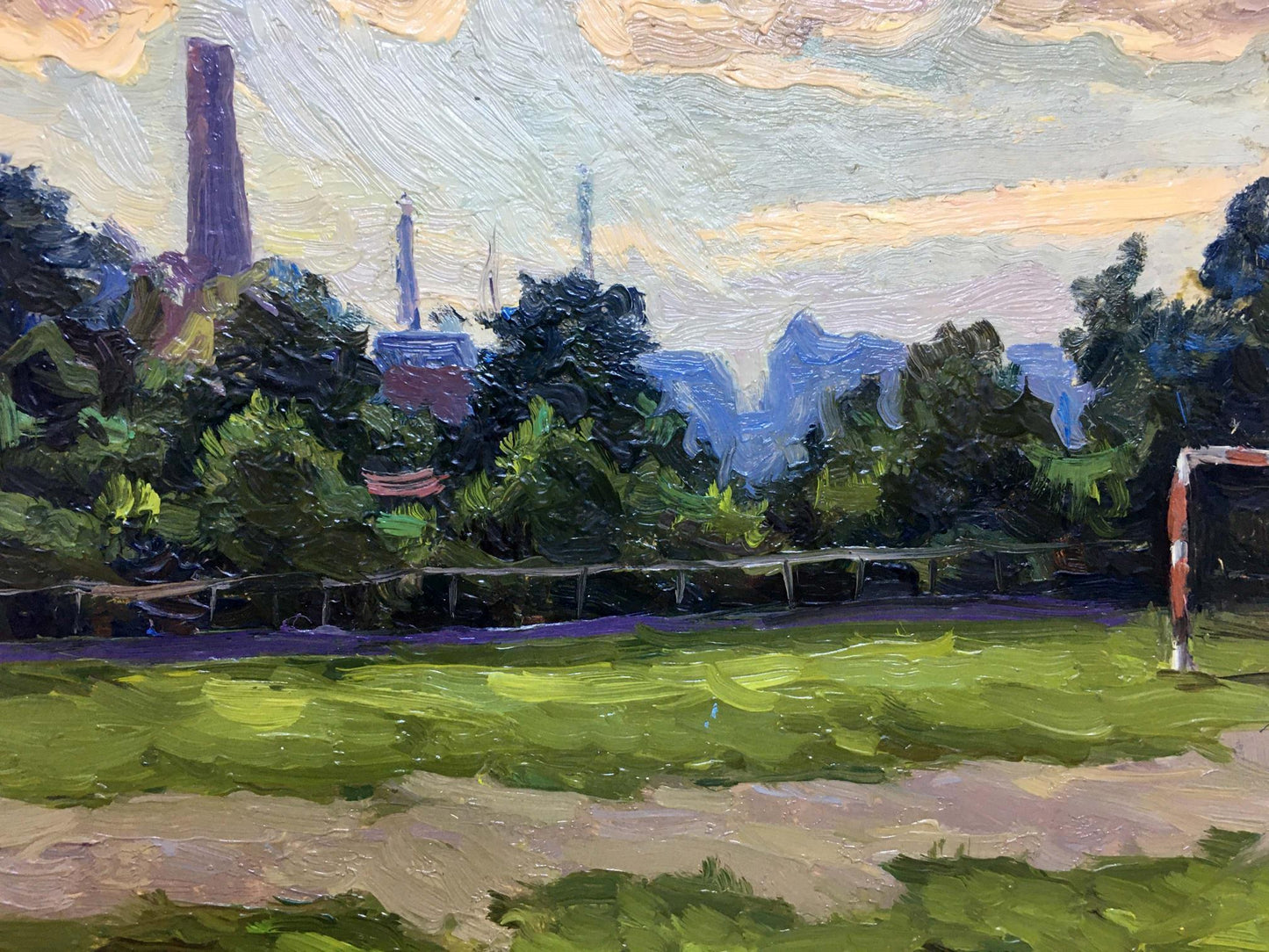Oil painting Football field I. Popov: vibrant green soccer field with red and white goalpost