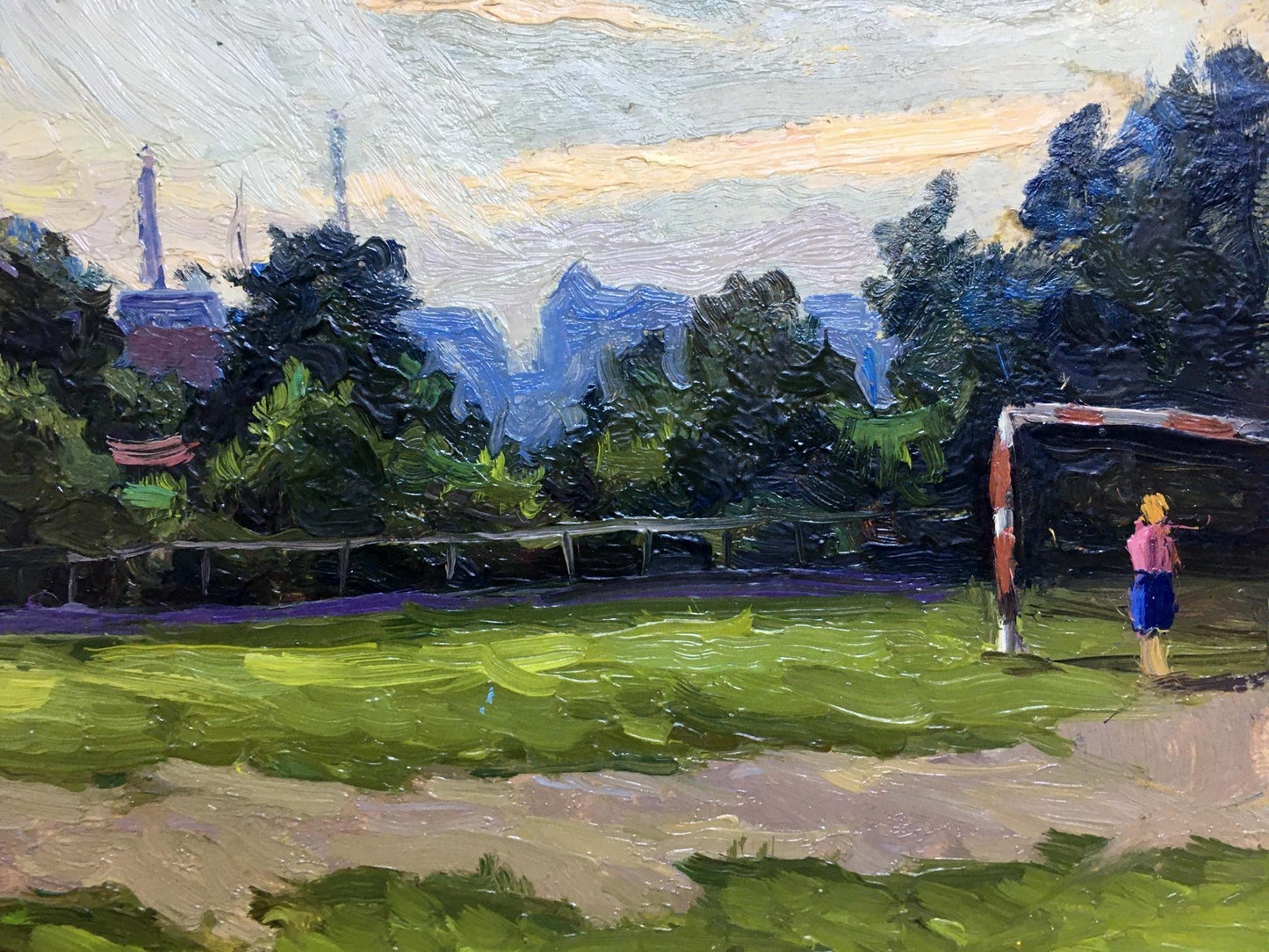 Oil painting by I. Popov: child in pink top near striped soccer goal on field