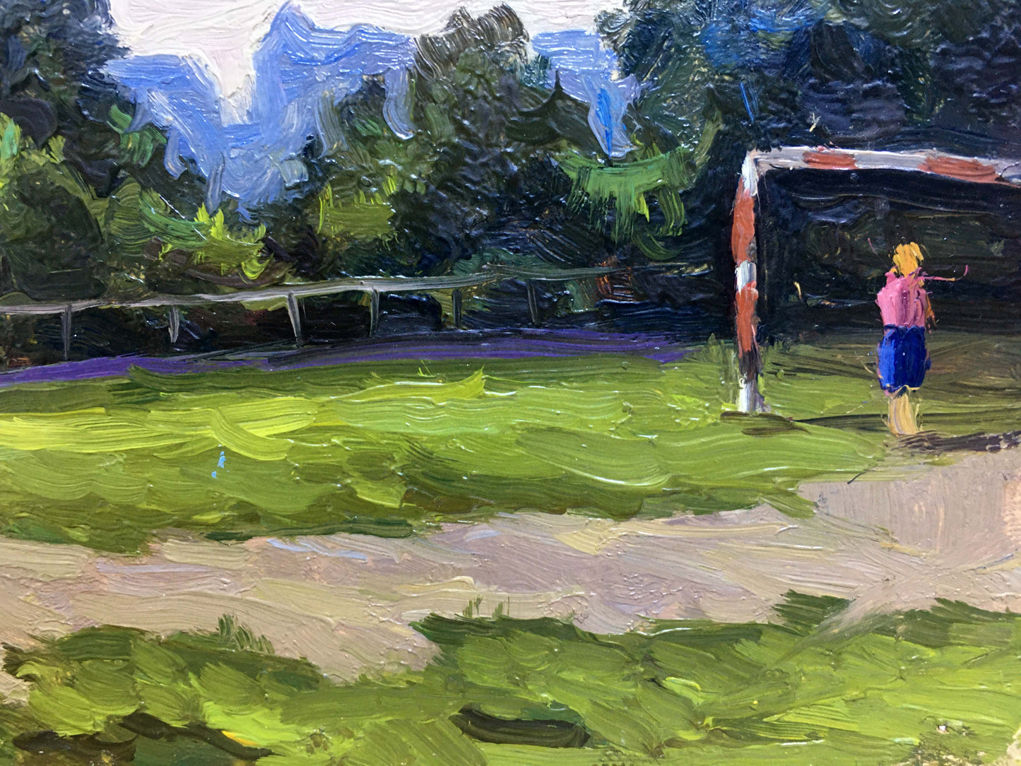 Vibrant impressionist oil painting by I. Popov: child near striped soccer goal on green field