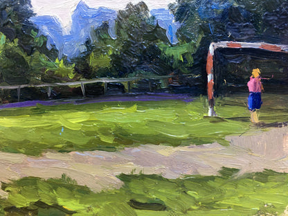 Vibrant impressionist oil painting by I. Popov: child near striped soccer goal on green field