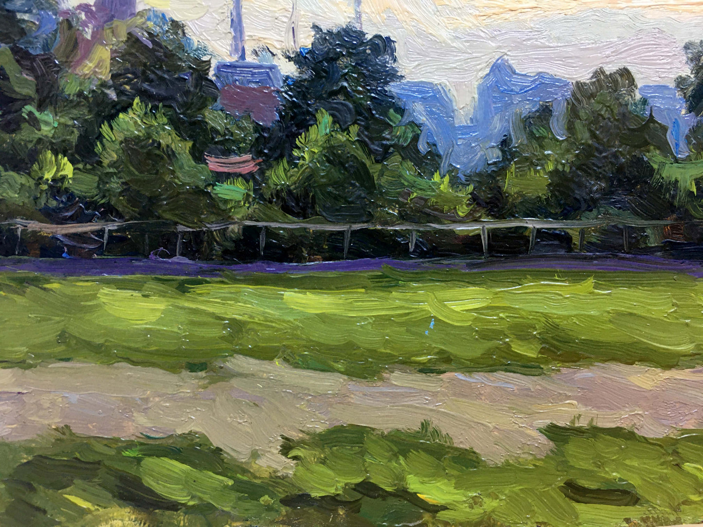 Oil painting of vibrant green football field by I. Popov
