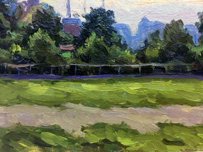 Oil painting of vibrant green football field by I. Popov