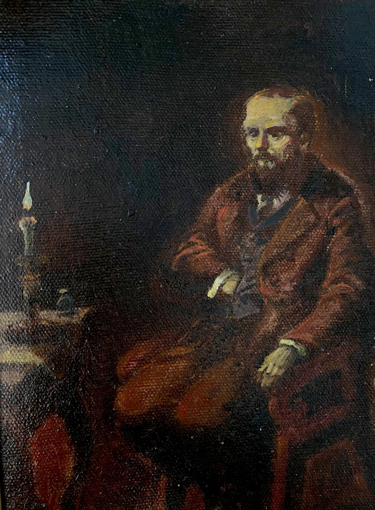 Oil painting of Dostoevsky at candlelit table by Litvinov Oleg Arkad’yevich