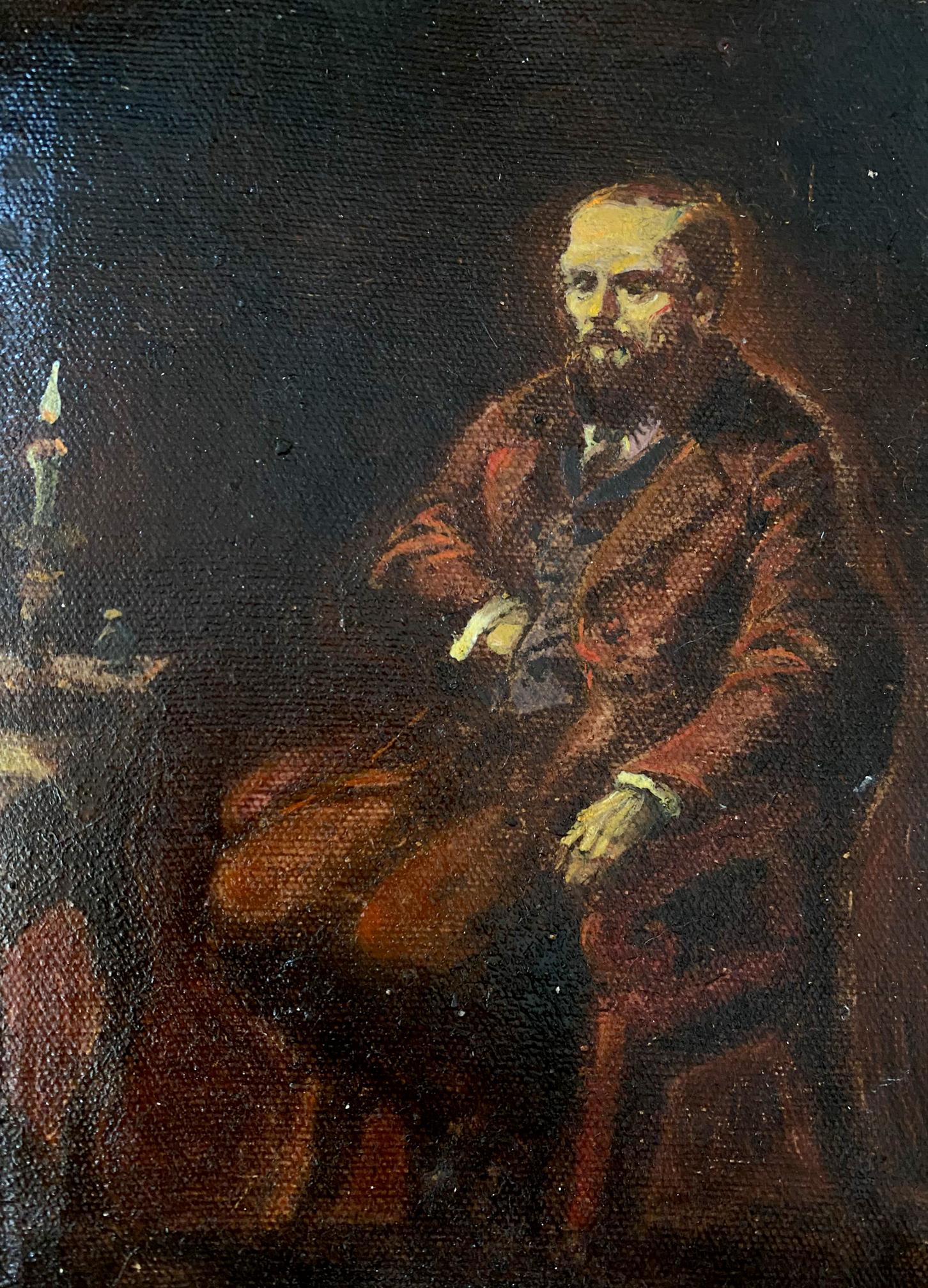Oil painting of Dostoevsky at candlelit table by Litvinov Oleg Arkad’yevich