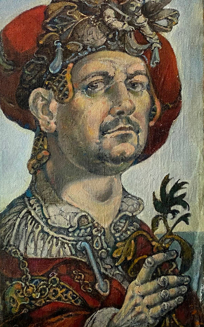 Oil painting self-portrait by Litvinov Oleg Arkad’yevich, man in red gold crown