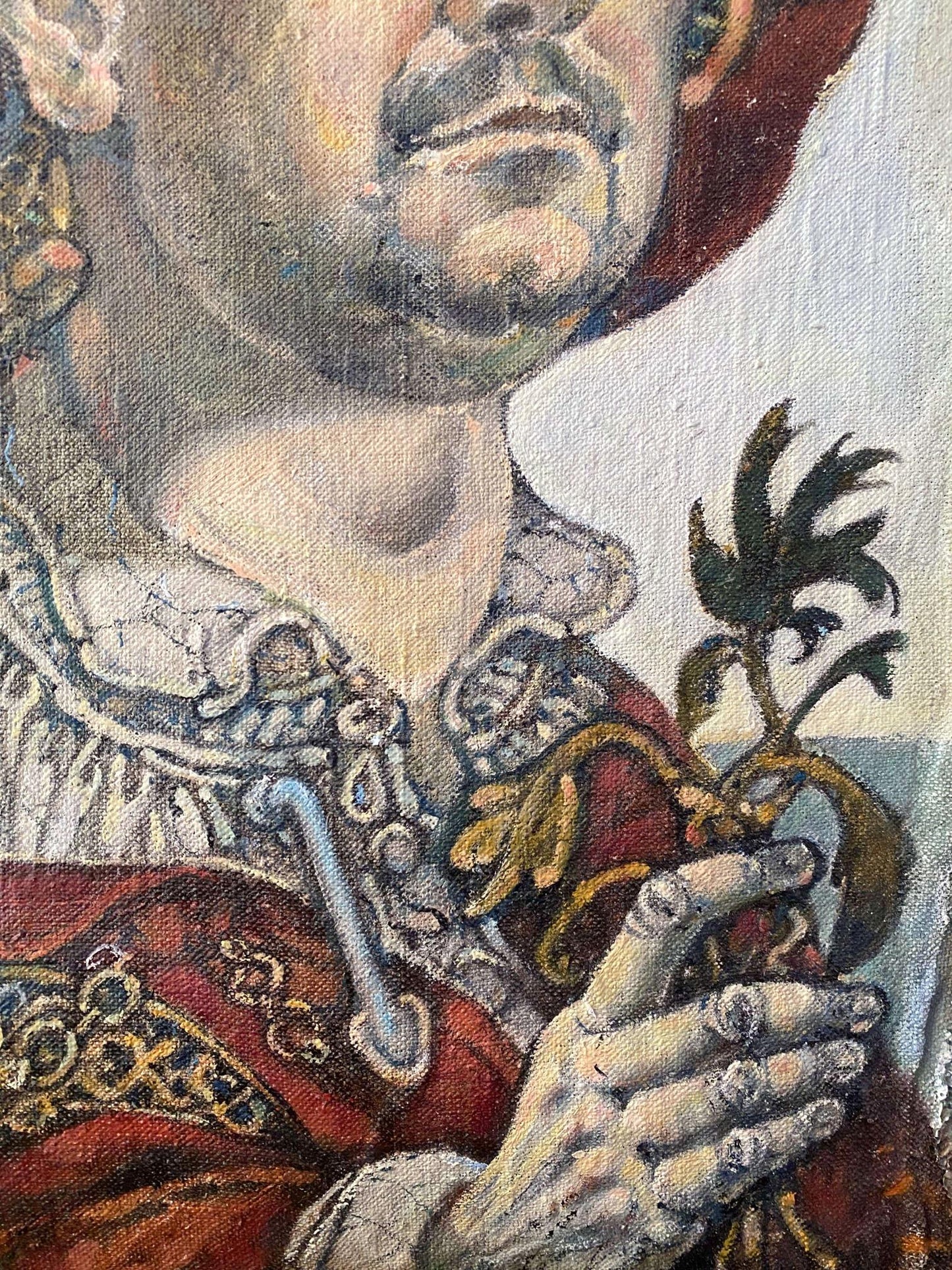 Oil painting self-portrait by Litvinov Oleg Arkad’yevich in ornate red gold garment