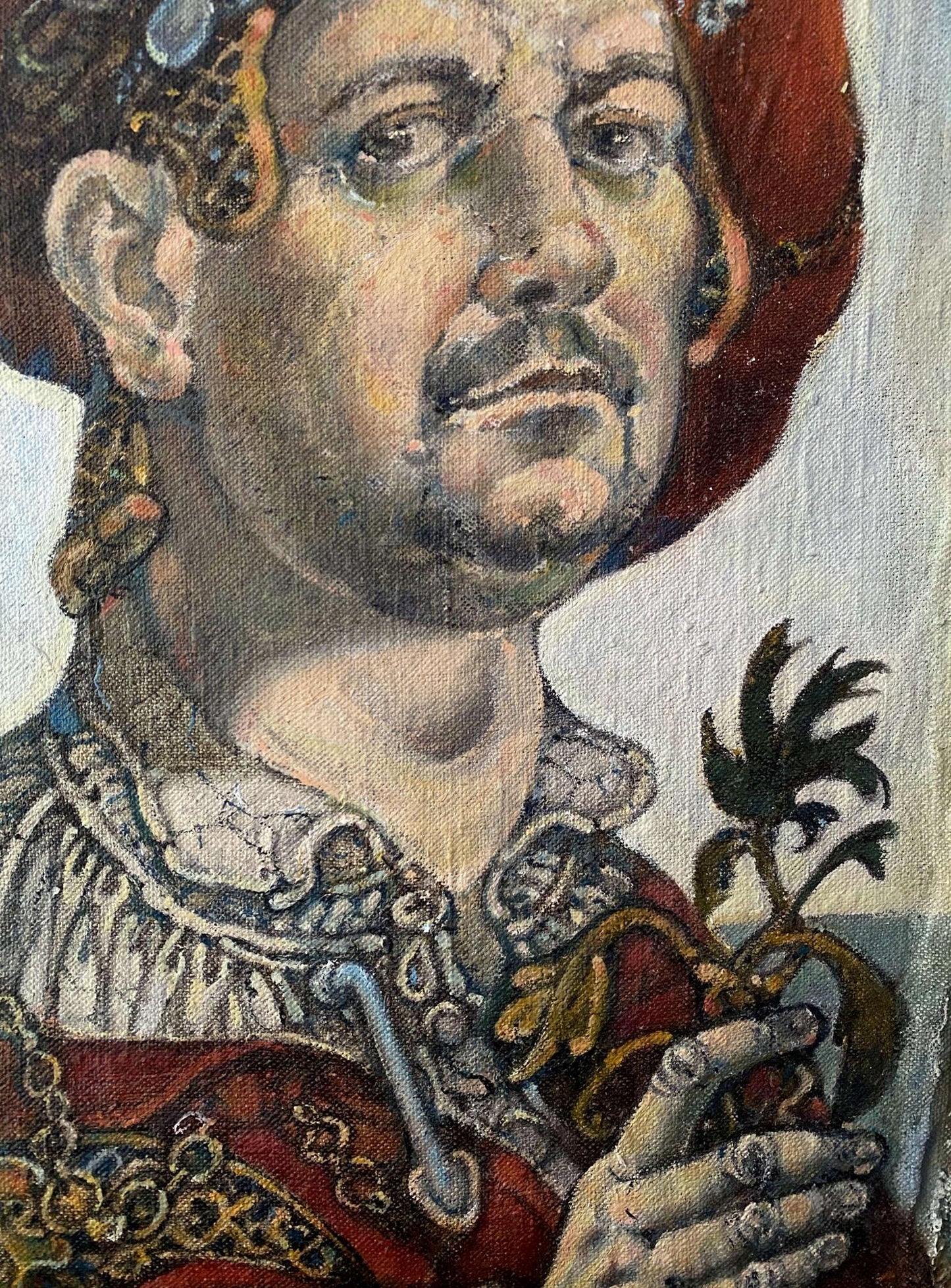 Oil painting self-portrait by Litvinov Oleg Arkad’yevich, ornate red gold attire