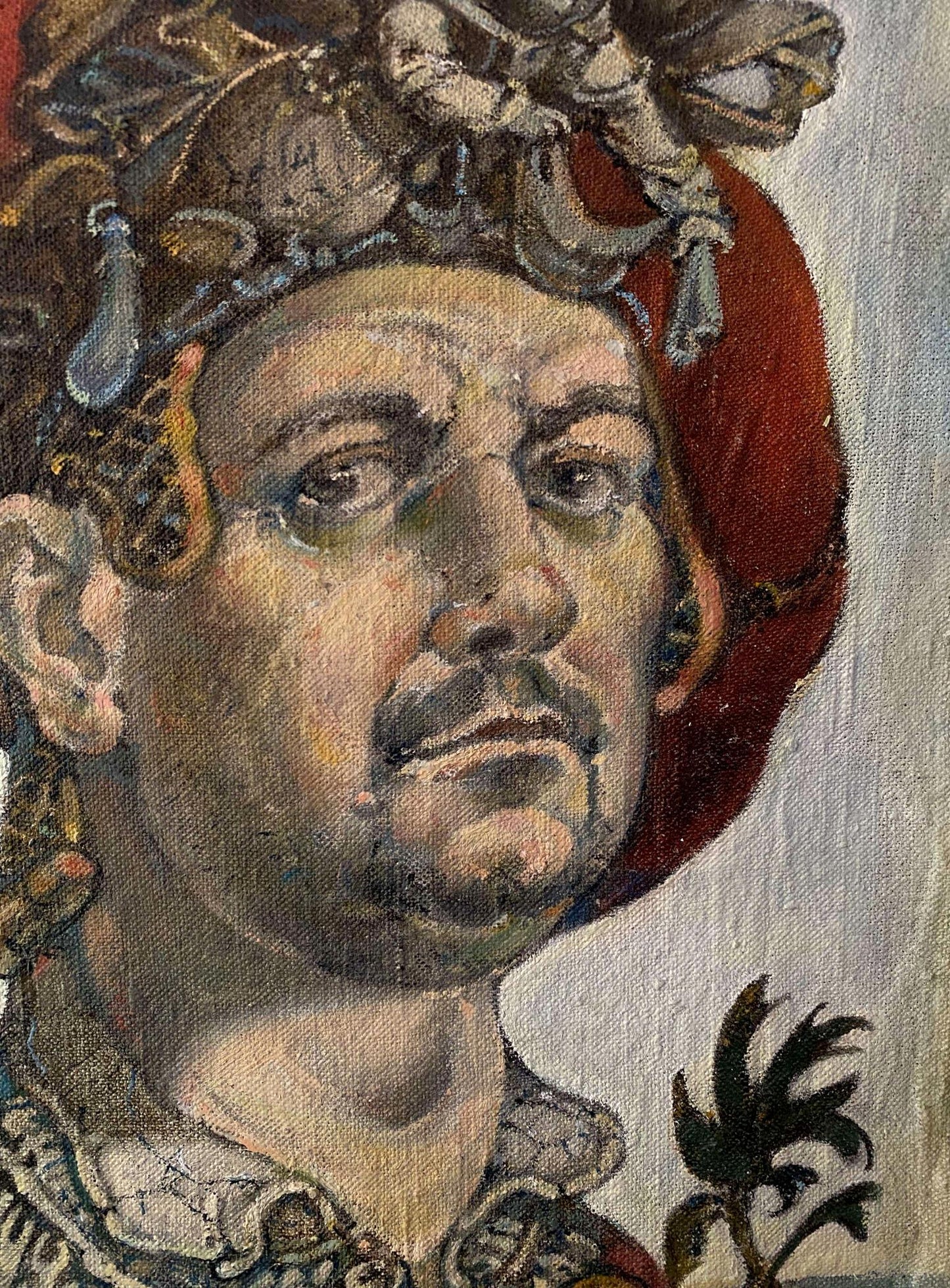 Oil painting self-portrait by Litvinov Oleg Arkad’yevich, man in ornate red gold headdress