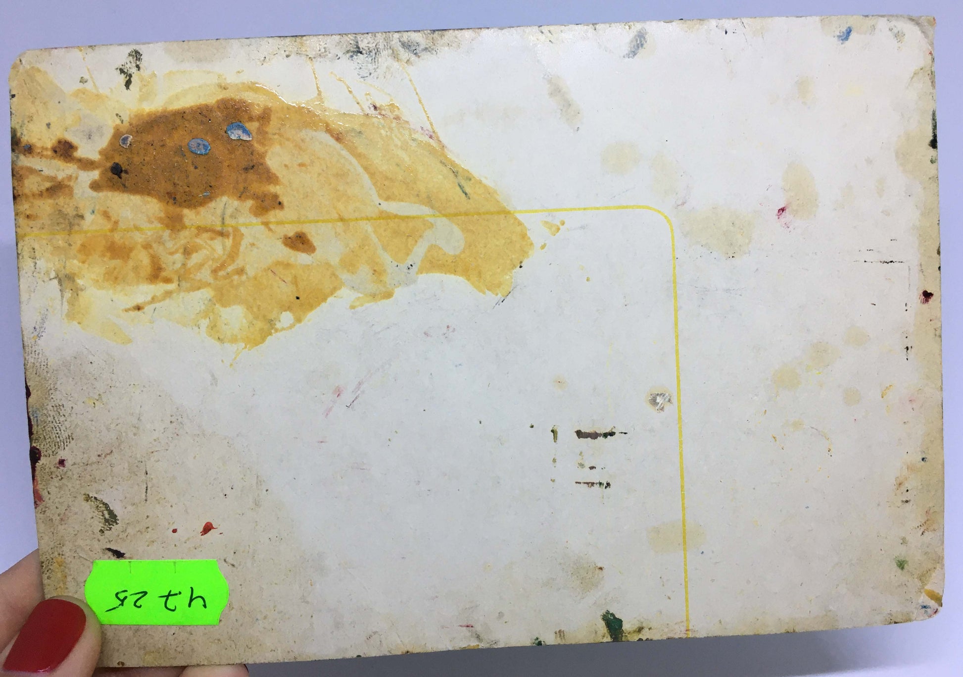 Back of weathered white card for Oil painting Before the rain Popov I. A. with stains