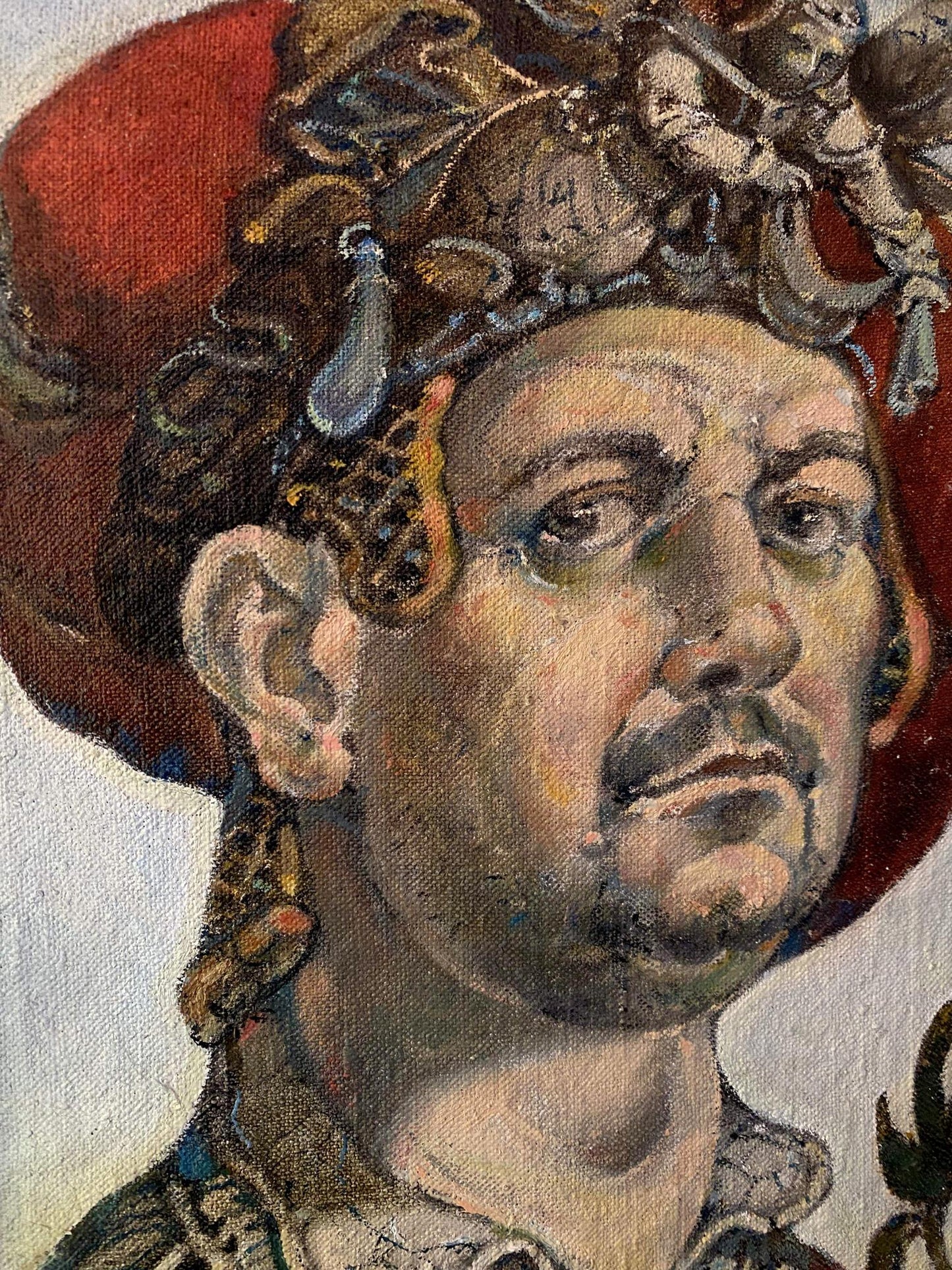 Oil painting self-portrait by Litvinov Oleg Arkad’yevich, man in ornate red hat