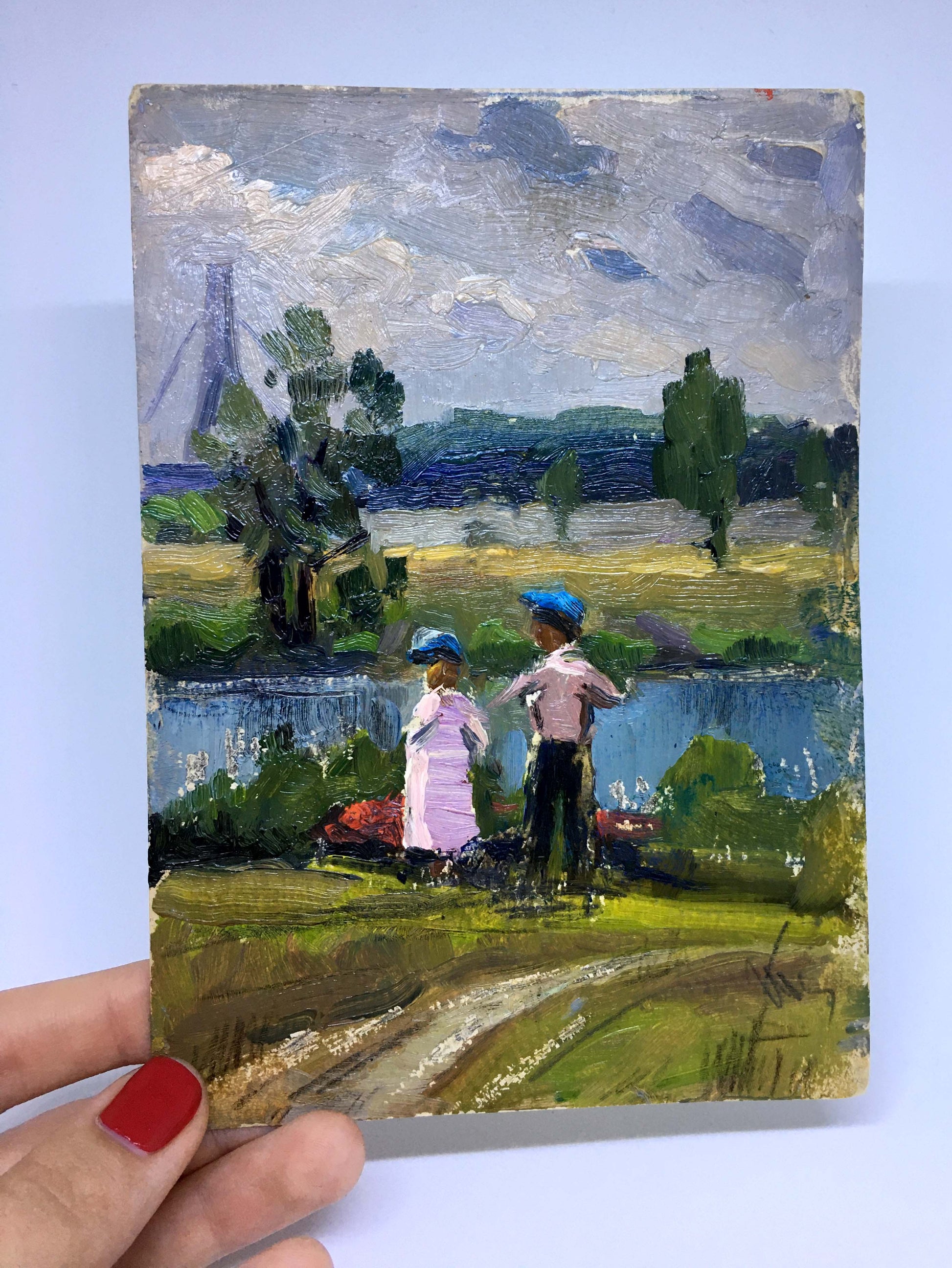 Oil painting Kids by the River by Popov I.A. two children in blue hats by river