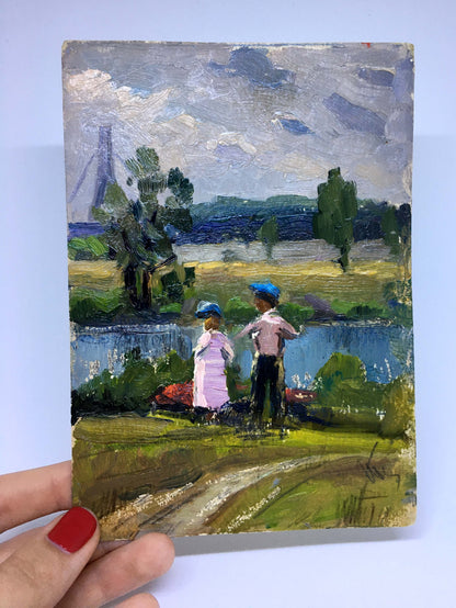 Oil painting Kids by the River by Popov I.A. two children in blue hats by river