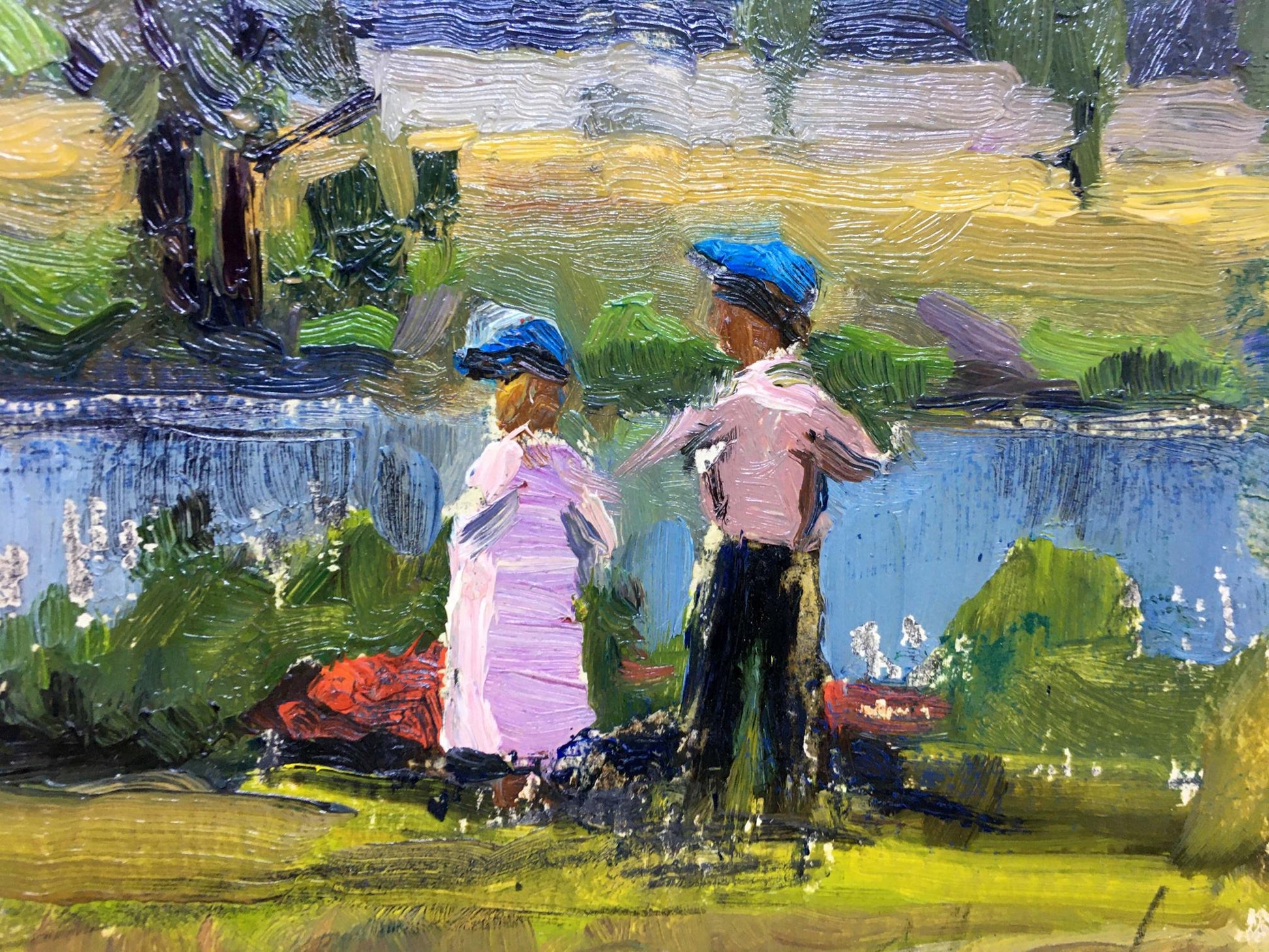 Oil painting Kids by the river Popov I.A. impressionist kids by lake