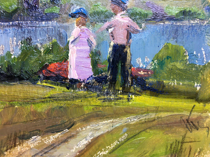 Oil painting Kids by the river by Popov I.A. vibrant impressionist scene