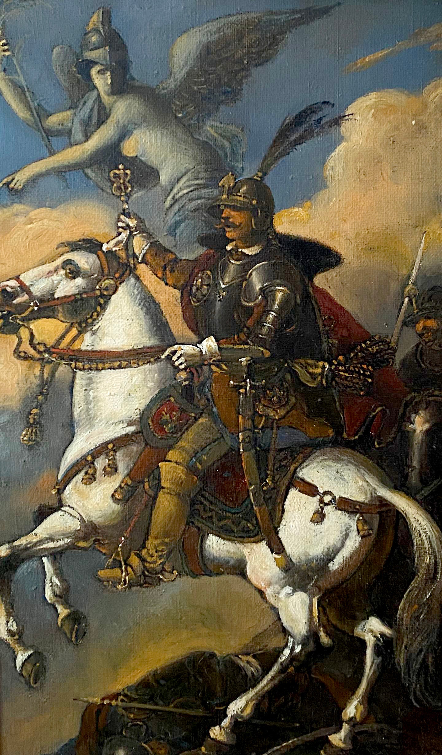 Classical oil painting by Pototsky Litvinov Oleg Arkad’yevich: knight in ornate dark armor on white horse with angelic figure above