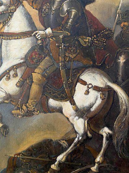Oil painting by Pototsky Litvinov Oleg Arkadyevich of white horse with brown saddle