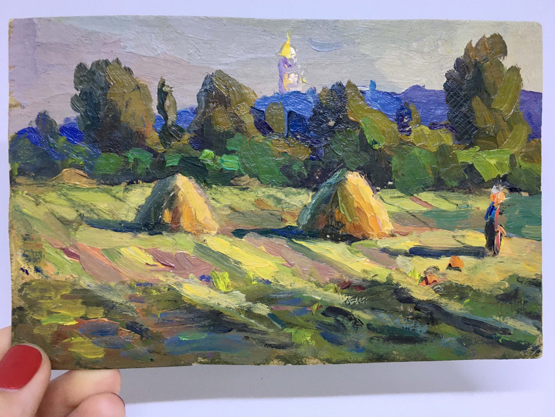 Oil painting Haystacks Popov I.A.: rural landscape with golden haystacks