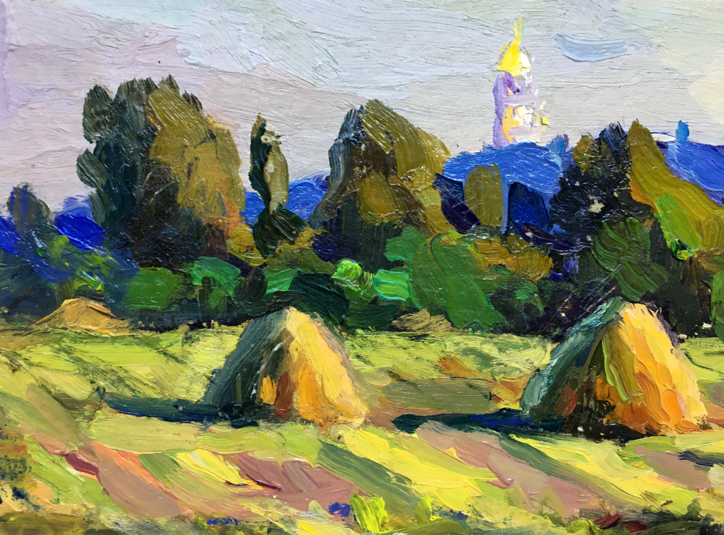 Vibrant Haystacks Popov I.A. impressionistic oil painting with golden haystacks