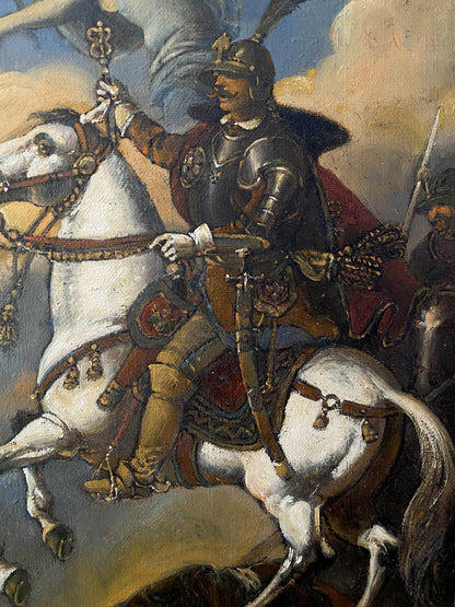 Oil painting by Pototsky Litvinov Oleg Arkad’yevich: knight in ornate dark armor on white horse