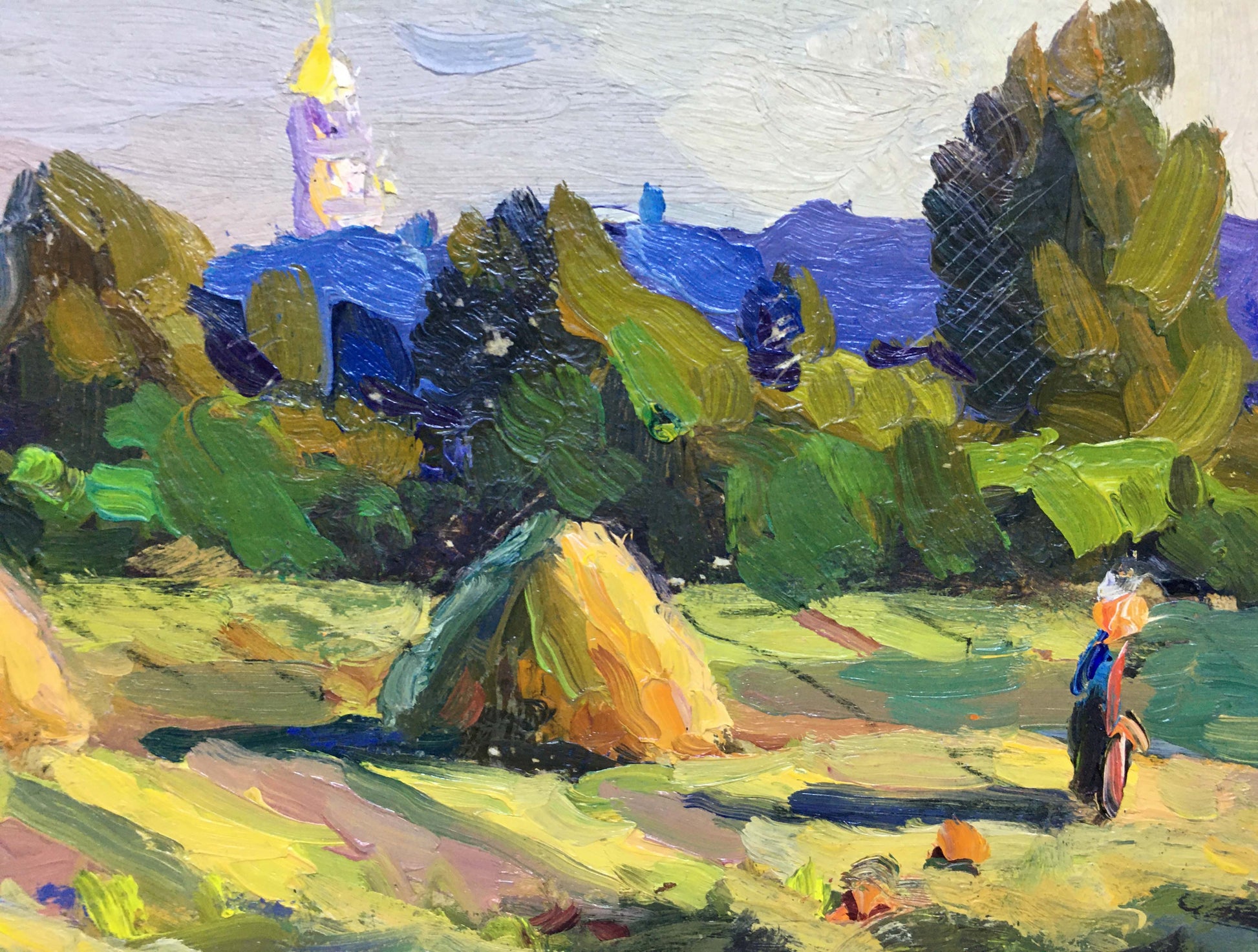 Vibrant impressionist oil painting Haystacks Popov I. A. with bold green yellow blue strokes