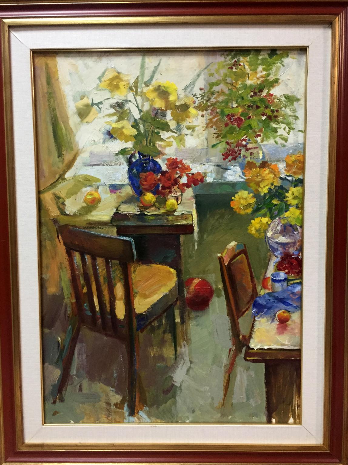 Oil painting Morning Shevat in red frame, sunlit dining room with florals