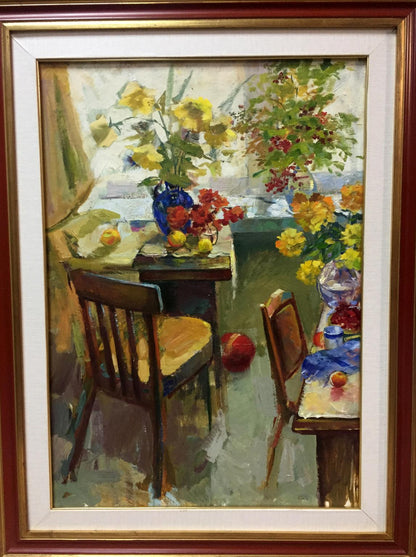 Oil painting Morning Shevat in red frame, sunlit dining room with florals