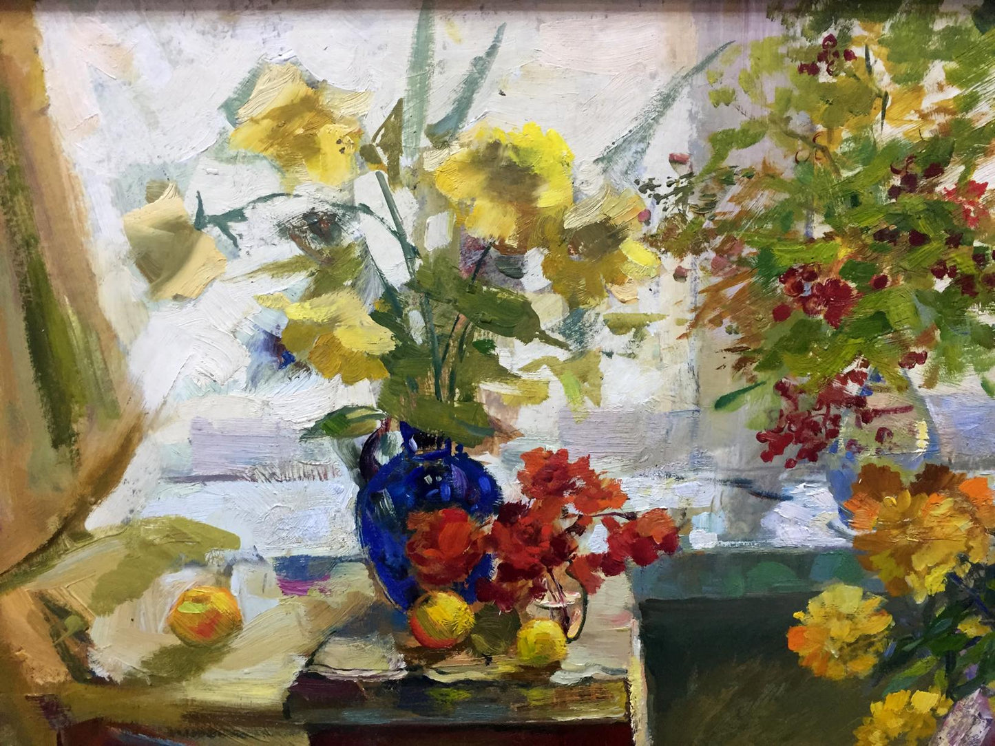 Oil painting Morning Shevat with blue vase and yellow red flowers