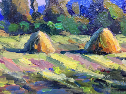 Vibrant impressionist oil painting Haystacks Popov I.A. with golden haystacks