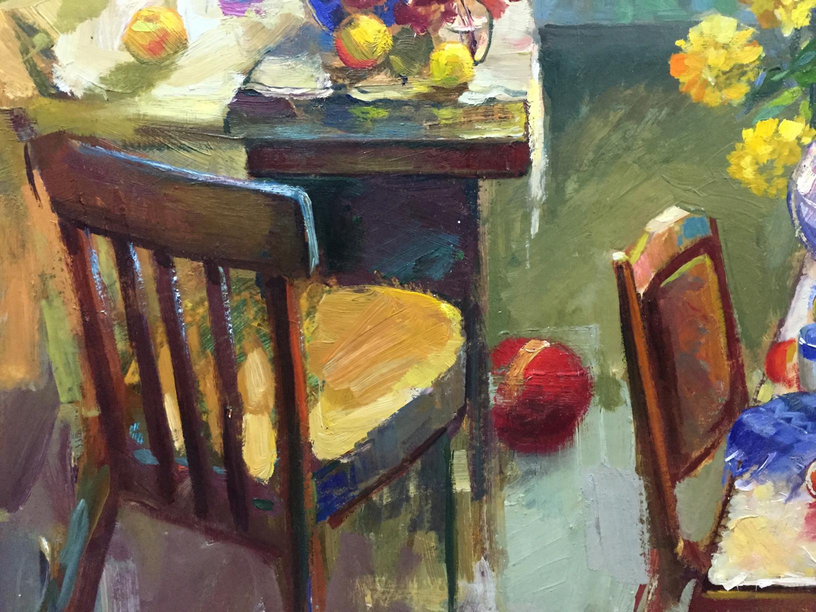Oil painting Morning Shevat with rustic wooden chair yellow seat