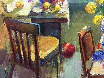 Oil painting Morning Shevat with rustic wooden chair yellow seat