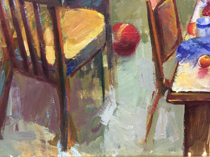 Oil painting Morning Shevat: vibrant red apple on warm wood table