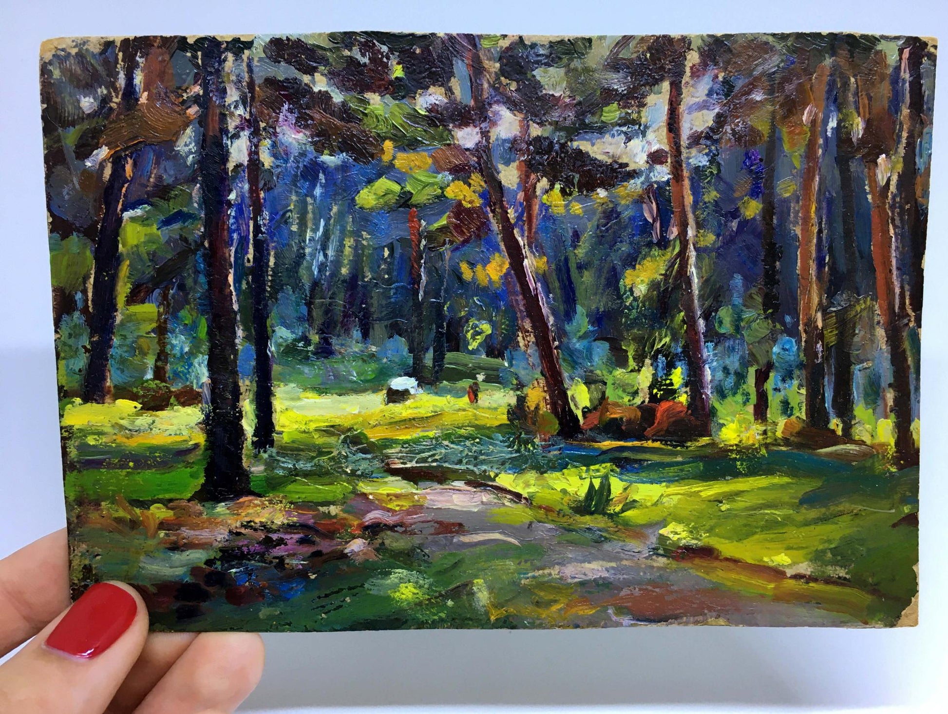 Vibrant impressionist oil painting Walk in the Woods by Popov I. A. forest scene