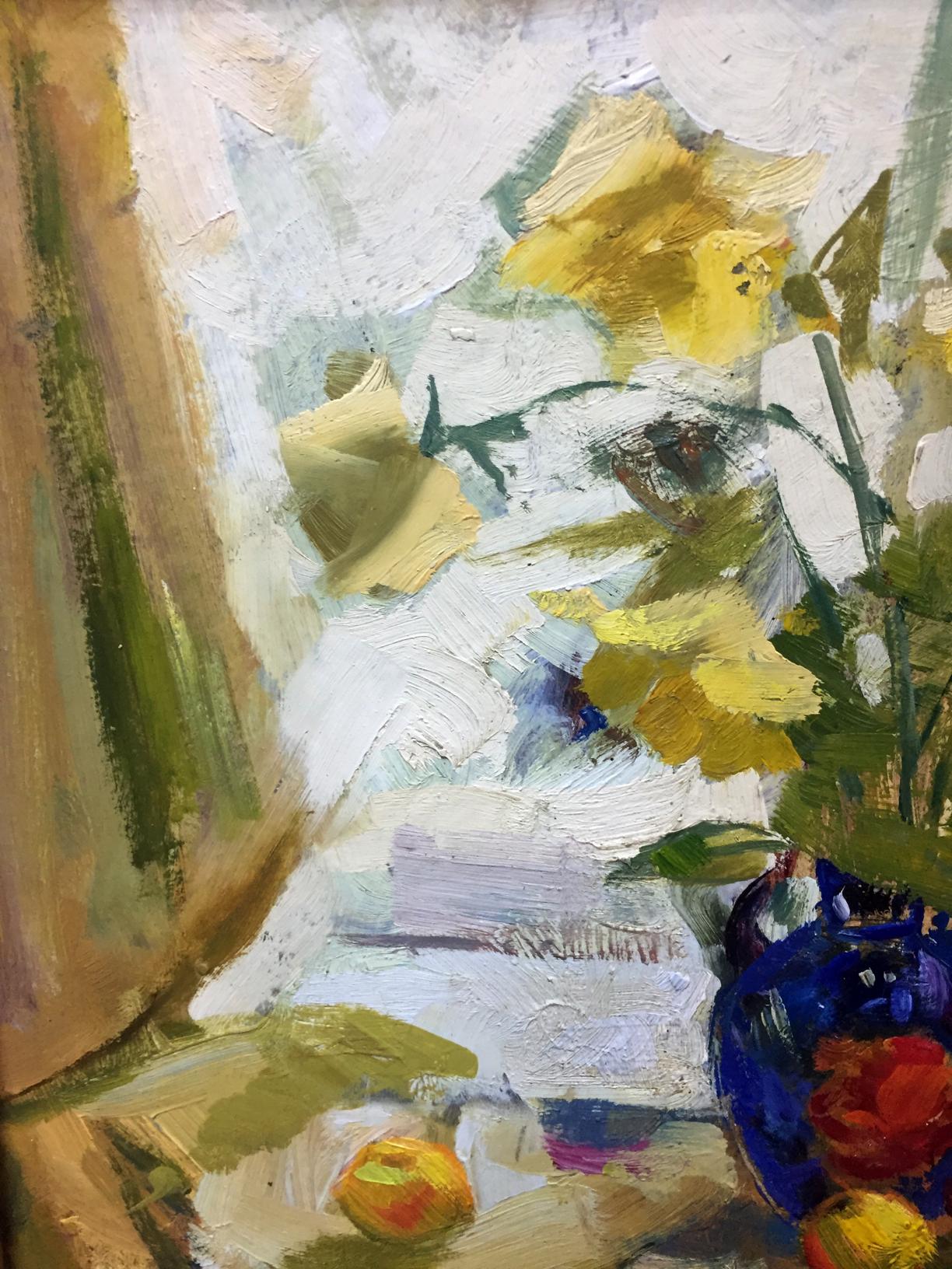 Oil painting Morning Shevat: vibrant blue vase with yellow red flowers