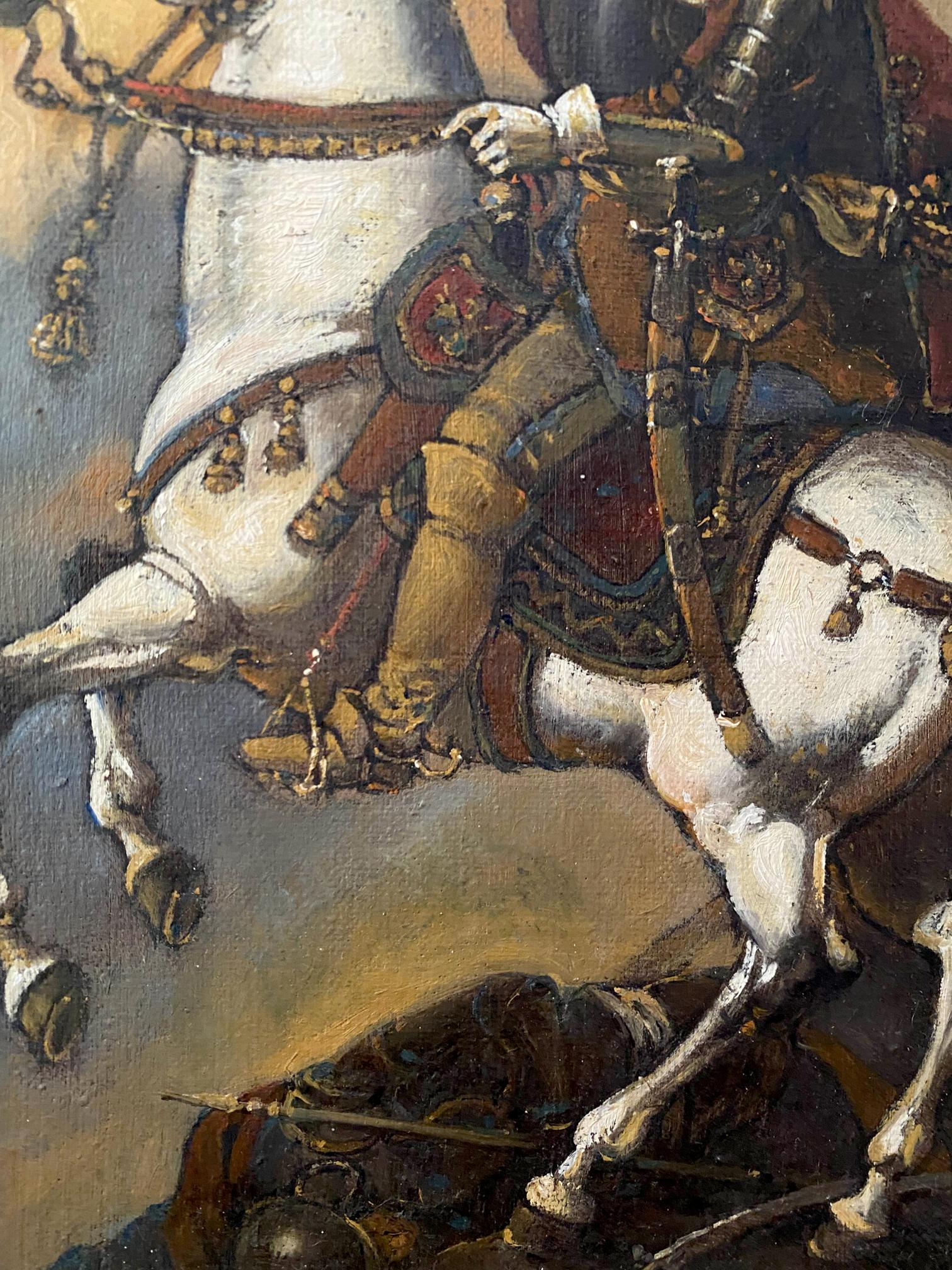 Oil painting by Pototsky Litvinov Oleg Arkadyevich: dynamic white horse in ornate brown gold tack
