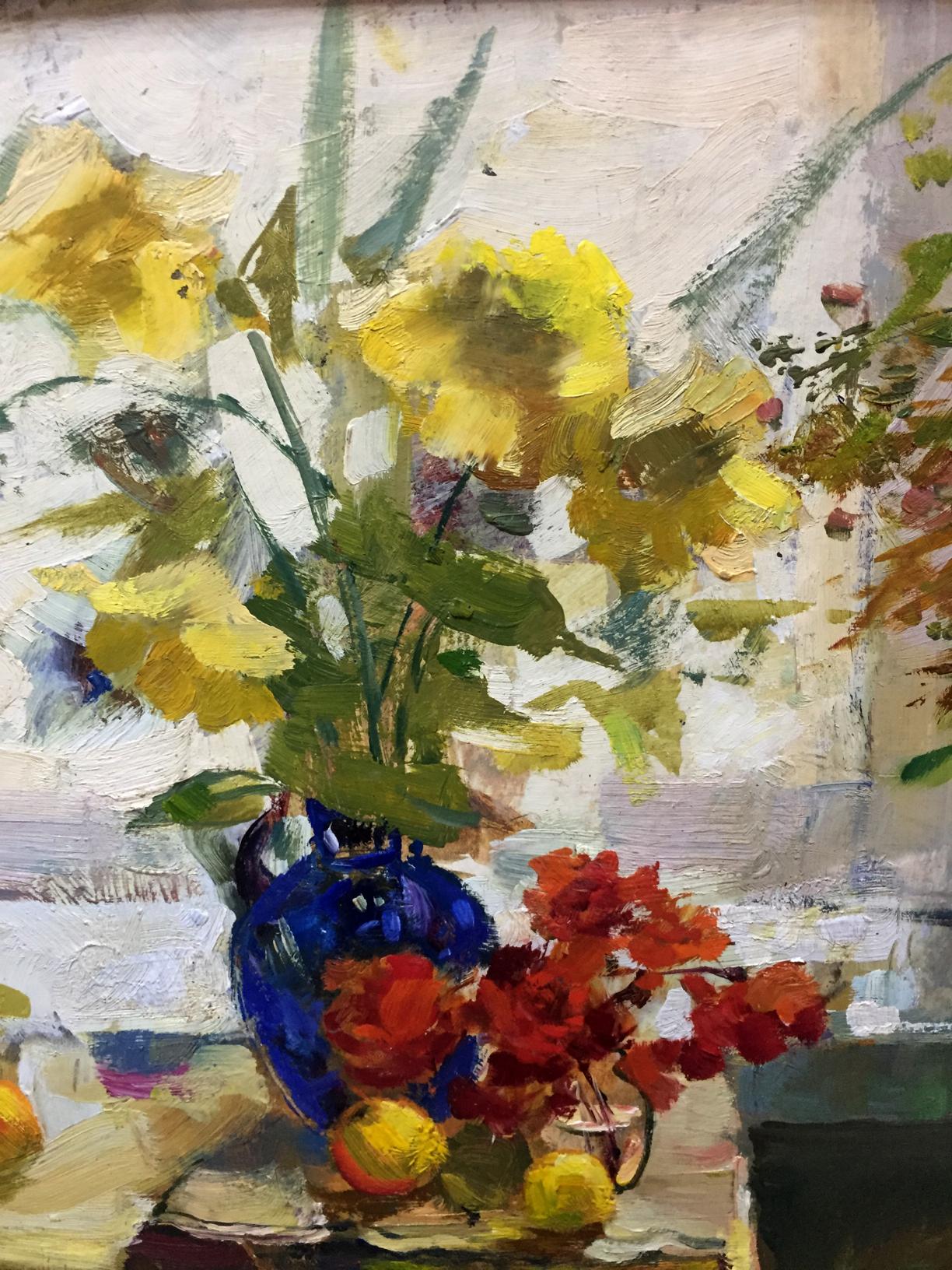 Oil painting Morning Shevat: blue vase with yellow red flowers