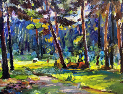 Vibrant impressionist oil painting Walk in the woods by Popov I. A