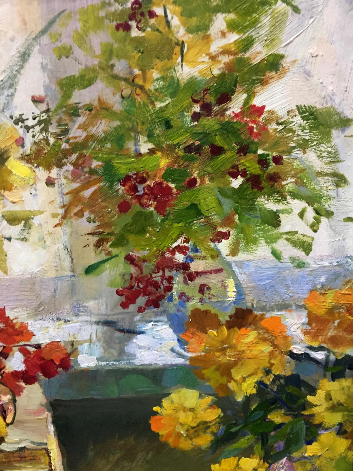 Oil painting Morning Shevat: vase with green foliage and red berries