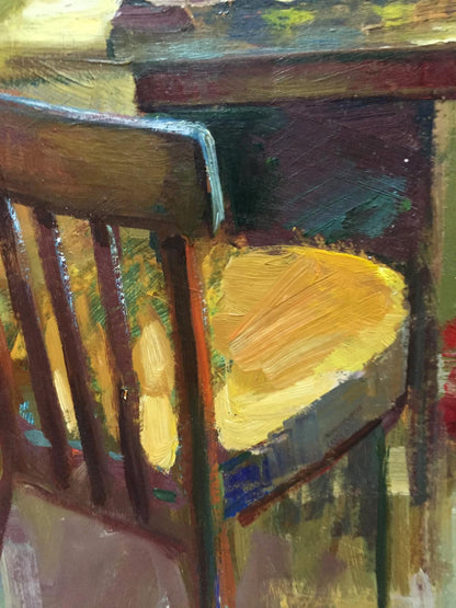 Oil painting Morning Shevat of rustic wooden chair with yellow cushion