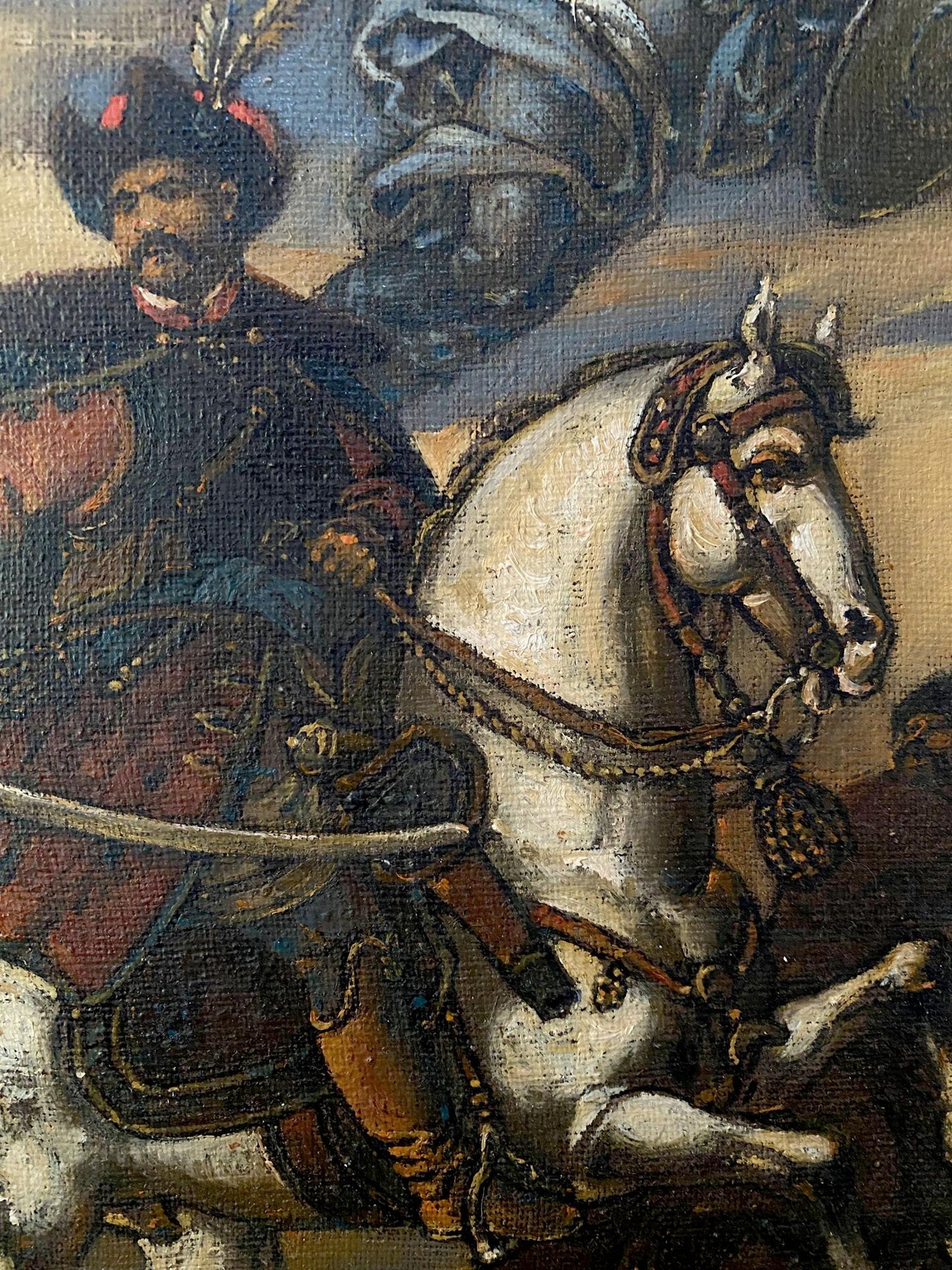 Oil painting of white horse with bridle and saddle by Ivan Bohun Litvinov Oleg Arkad’yevich