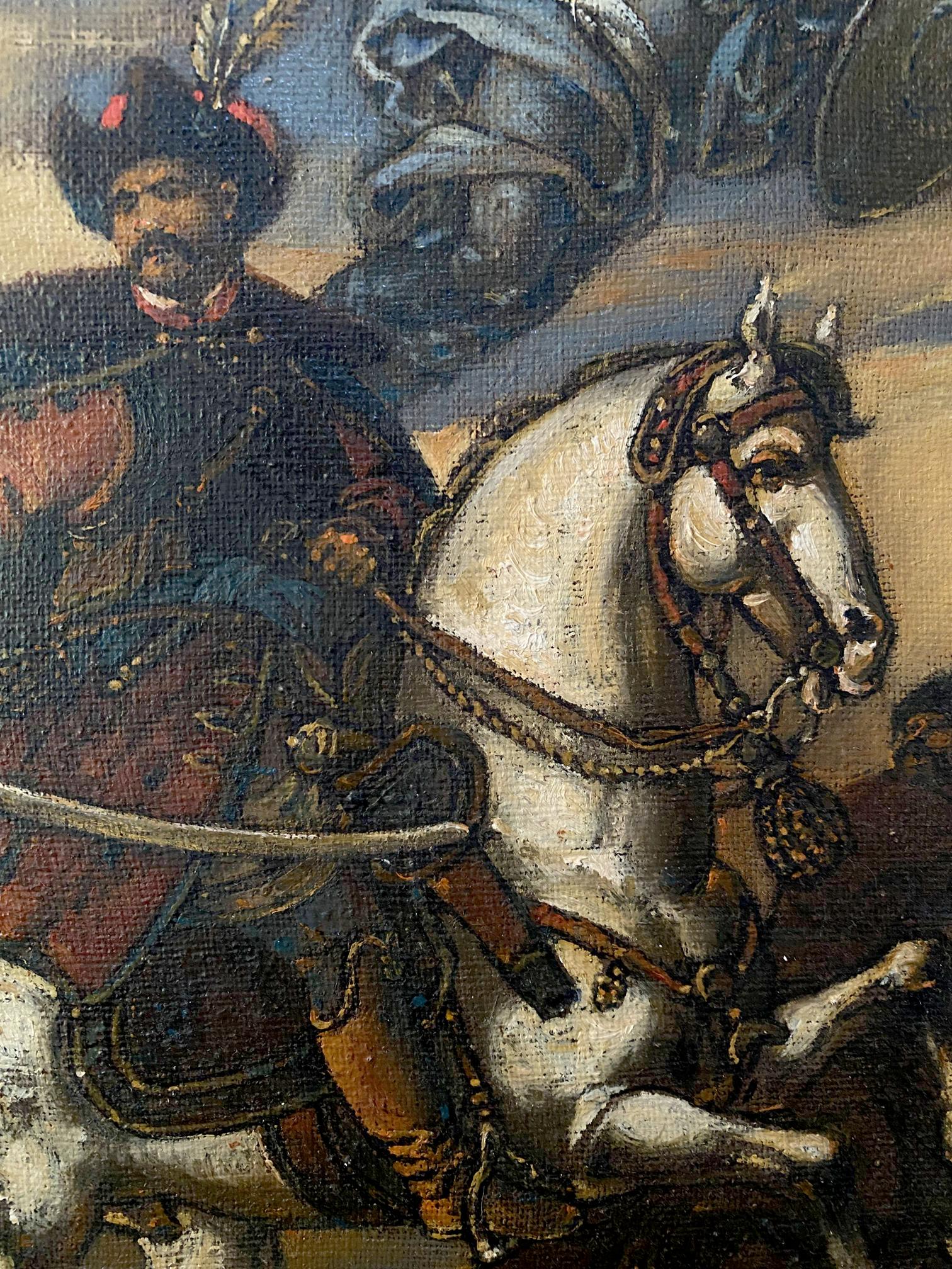 Oil painting of white horse with bridle and saddle by Ivan Bohun Litvinov Oleg Arkad’yevich