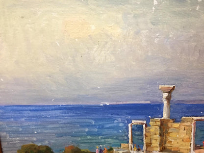 Oil painting of weathered stone column in ancient ruins by blue sea