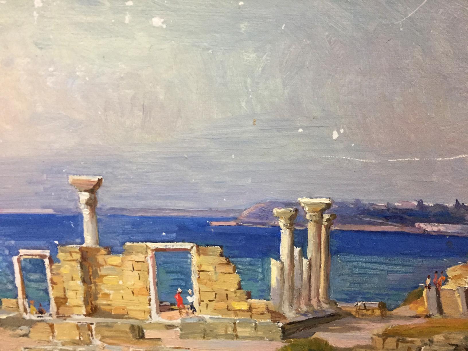 Oil painting of ancient stone ruins and columns overlooking blue sea