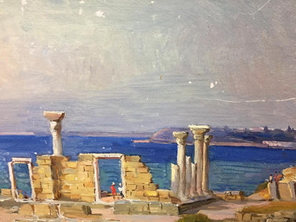 Oil painting of ancient stone ruins and columns overlooking blue sea