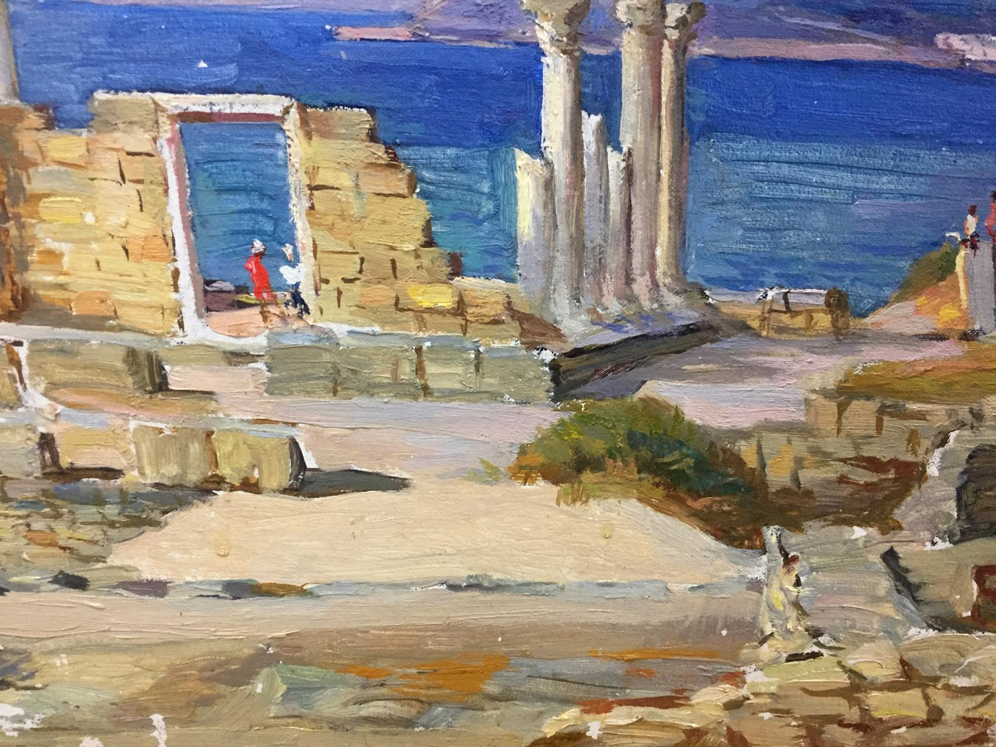 Vibrant original oil painting of ancient stone ruins by the sea