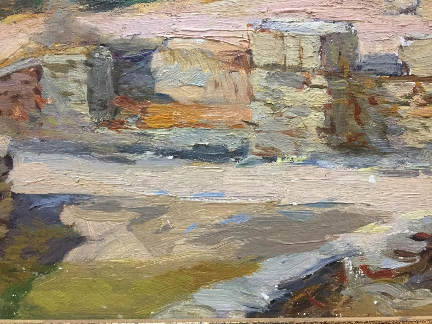 Impasto oil painting of coastal ruins in muted earth tones and blues