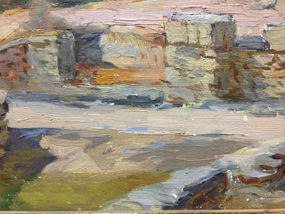 Impasto oil painting of coastal ruins in muted earth tones and blues