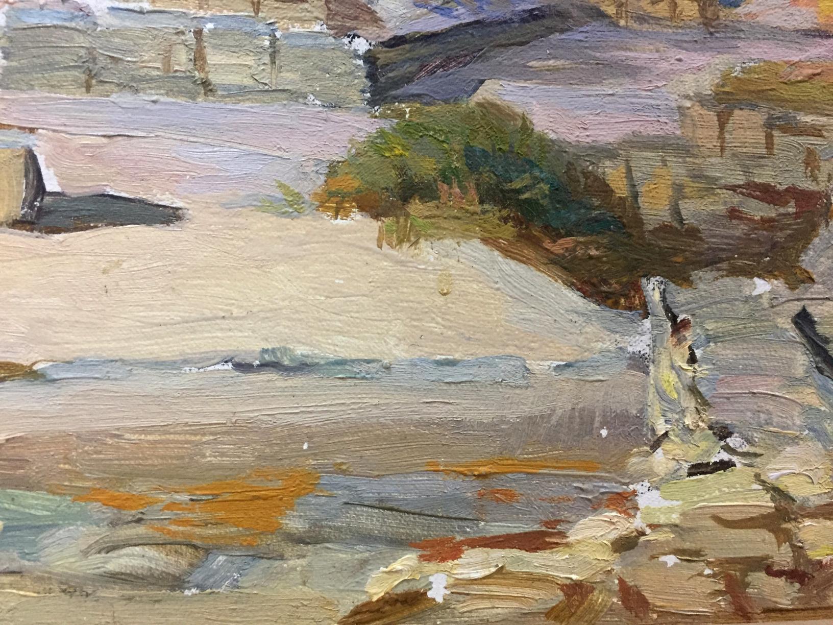 Textured oil painting of coastal ruins with sandy shores and rocky cliffs
