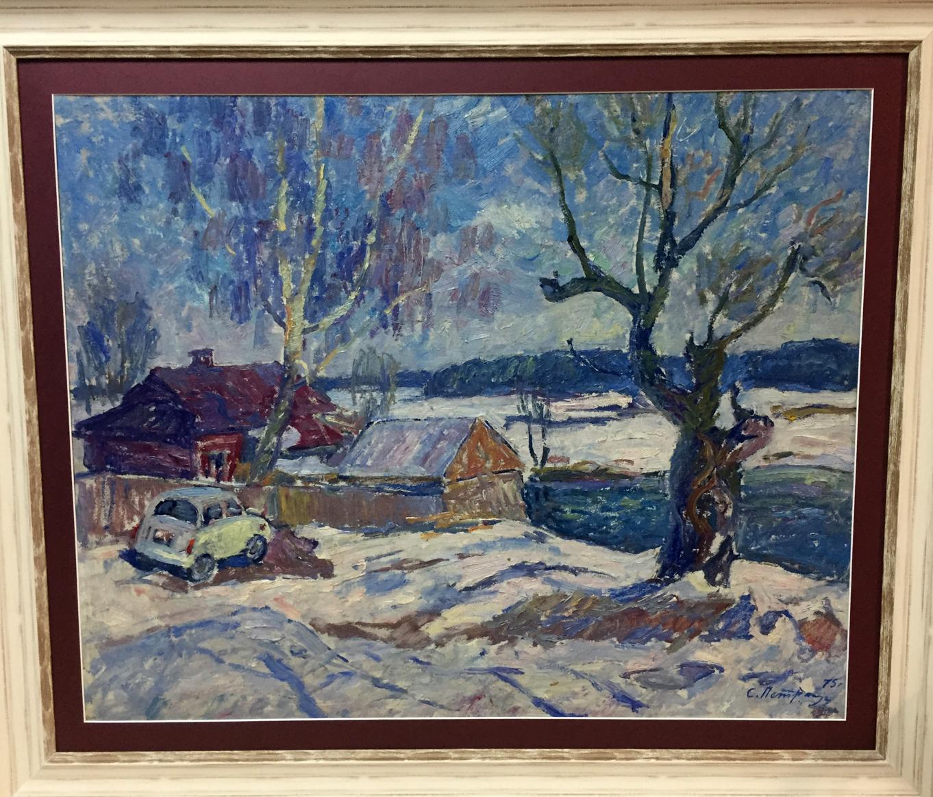 Framed impressionist winter oil painting by Petrashevsky: Blue day with red-roofed house