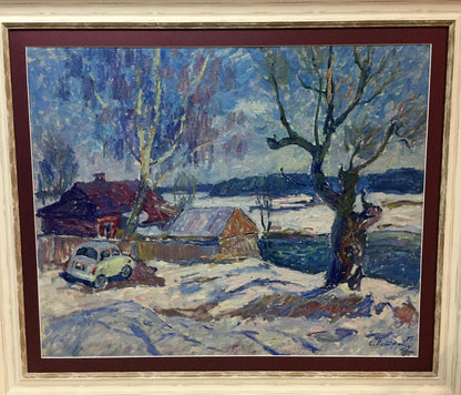 Framed impressionist winter oil painting by Petrashevsky: Blue day with red-roofed house